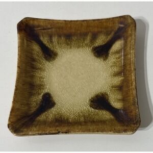 Vtg Pottery Drip MCM Brown Yellow 4.5" Square Ashtray Trinket Tray Candle Holder